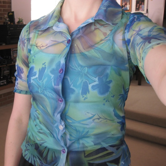 Rave City Tops - Vintage 90s sheer mesh tropical button up